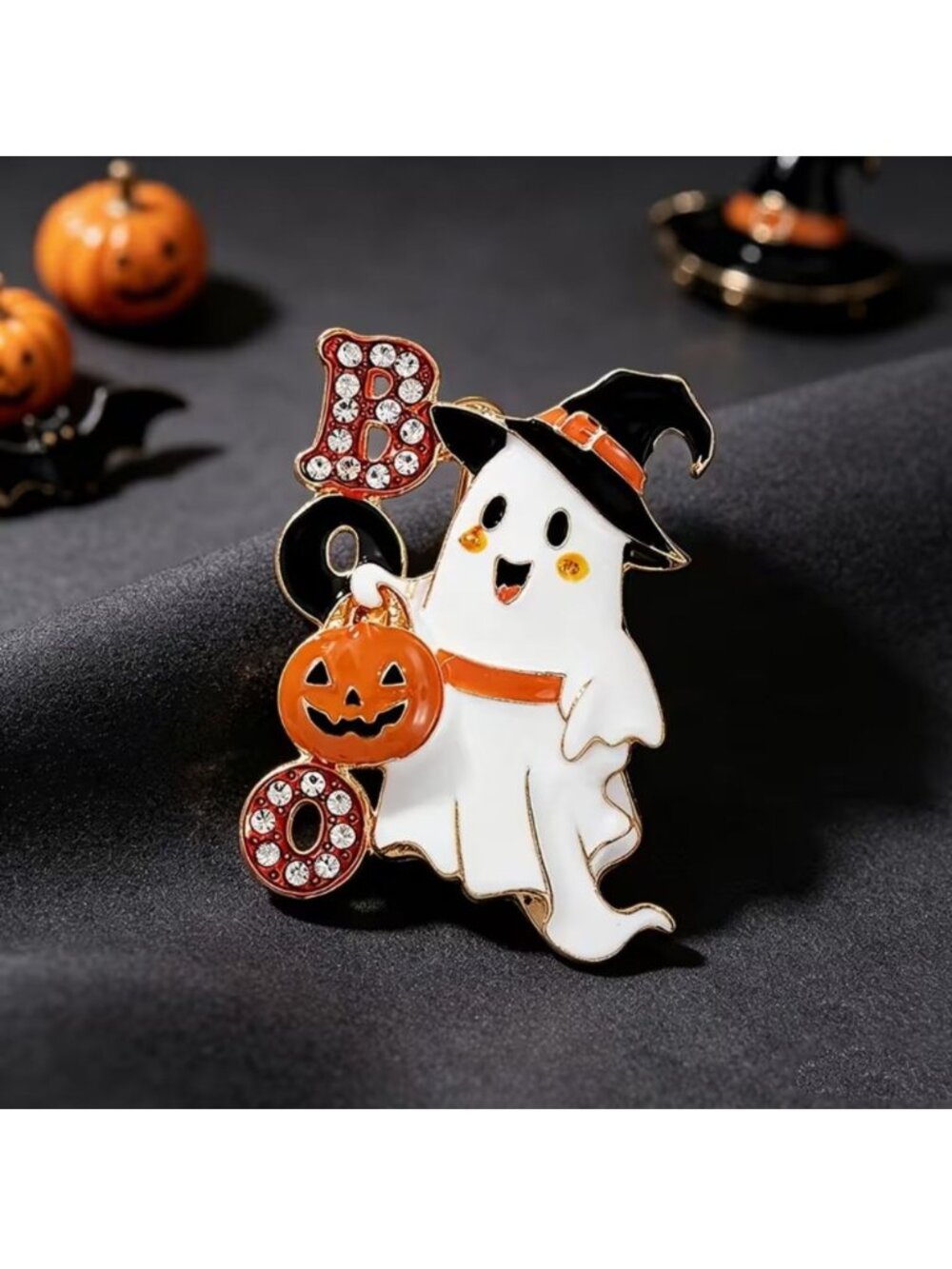Halloween Ghost & Pumpkin Enamel Brooch With Crystal Accents Gold-Tone